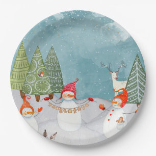 SNOWMAN & WOODLAND FRIENDS IN WINTER WONDERLAND PAPER PLATE