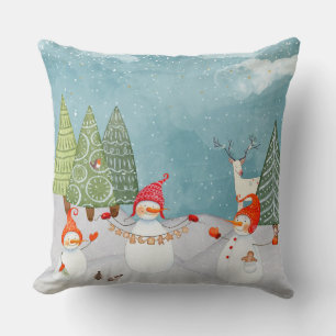SNOWMAN & WOODLAND FRIENDS IN WINTER WONDERLAND THROW PILLOW