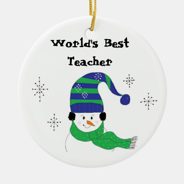 Snowman World's Best Teacher Ceramic Ornament (Front)