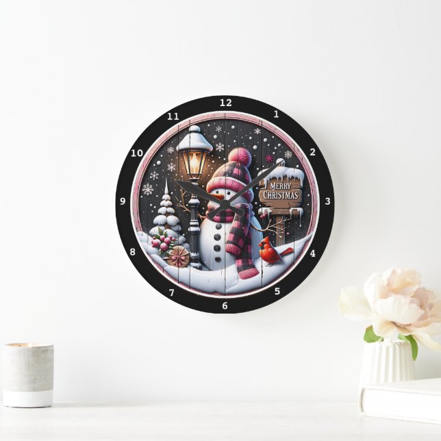 Snowman's Cozy Night" - Festive Black Christmas  Large Clock (Home)
