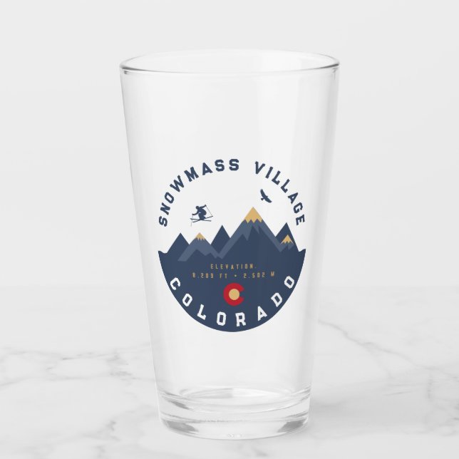 Snowmass Colorado Flag Retro Sunset Ski Souvenirs Glass (Front)