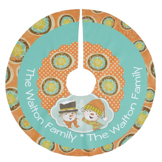 Snowmen Add Family Name Holiday Tree Skirt (Front)