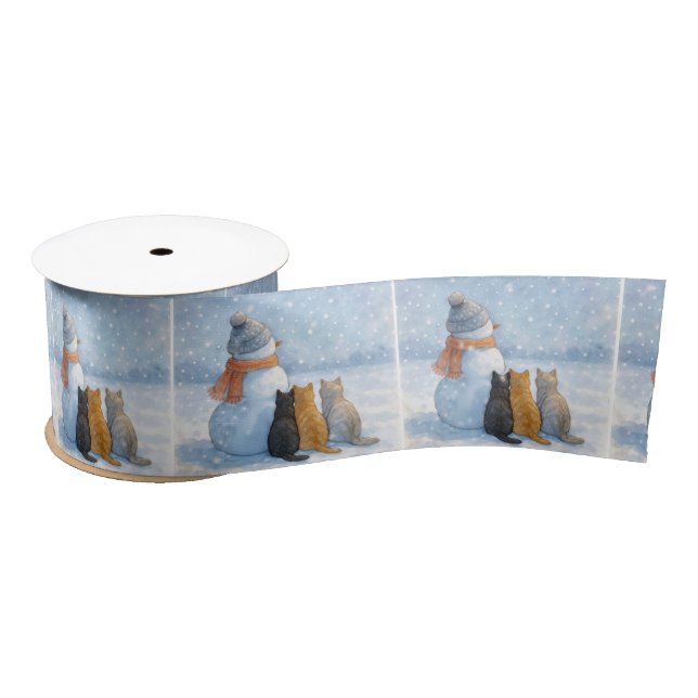 Snowmen and Cats In a Snowy Field Satin Ribbon (Spool)