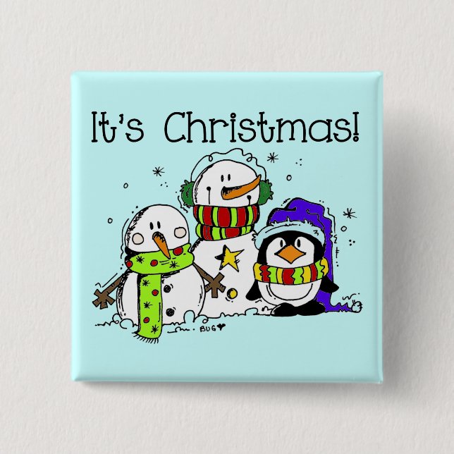 Snowmen and Penguins It's Christmas 2 Inch Square Button (Front)