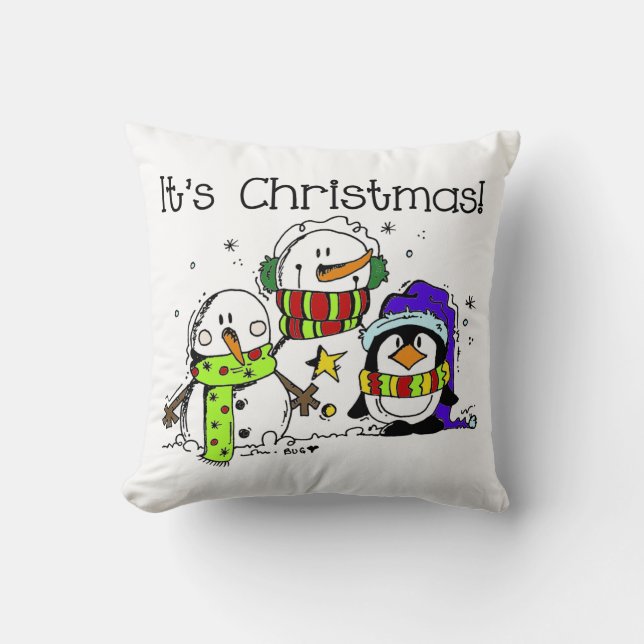 Snowmen and Penguins It's Christmas Throw Pillow (Front)