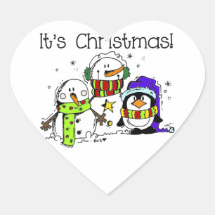 Snowmen and Penguins It's Christmas Winter Festive Heart Sticker