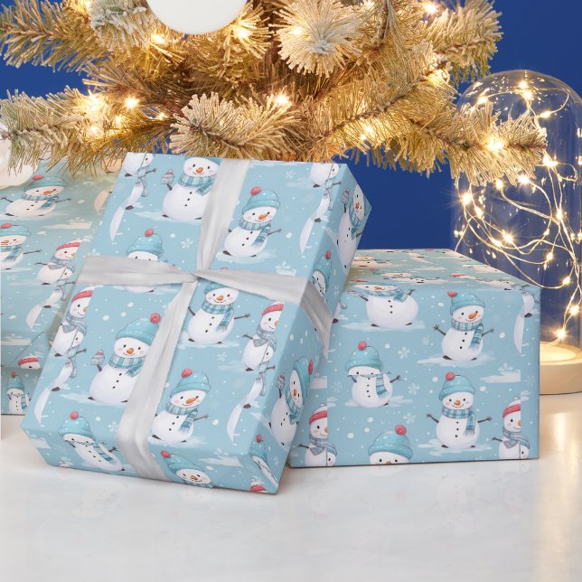 Snowmen and Snowflakes Blue White Modern Christmas Wrapping Paper (Holidays)