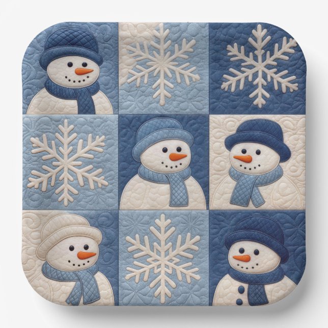 Snowmen and Snowflakes Quilt Pattern Paper Plate (Front)