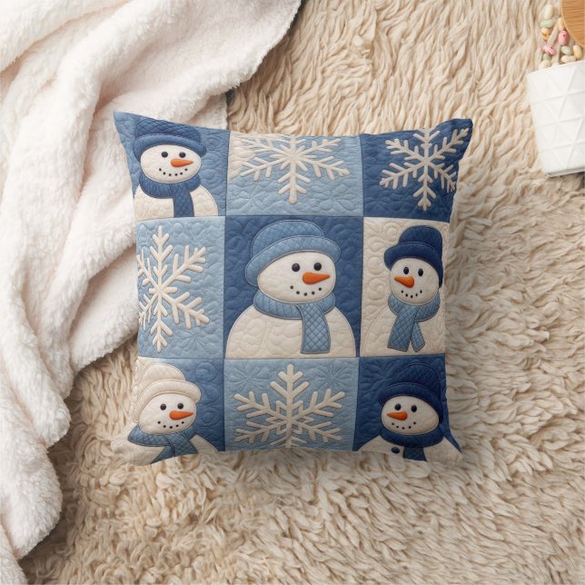 Snowmen and Snowflakes Quilt Pattern Throw Pillow (Blanket)