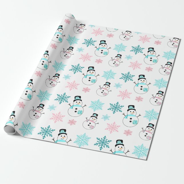 Snowmen and Snowflakes Teal and Pink Christmas Wrapping Paper (Unrolled)