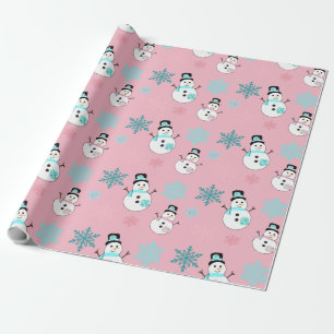 Snowmen and Snowflakes Teal and Pink Christmas Wrapping Paper