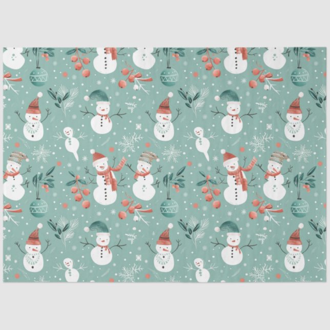 Snowmen Berries Snowflakes Greenery Christmas Tissue Paper (Front)