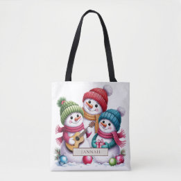Snowmen Carolling Guitar Bright Christmas Name Tote Bag