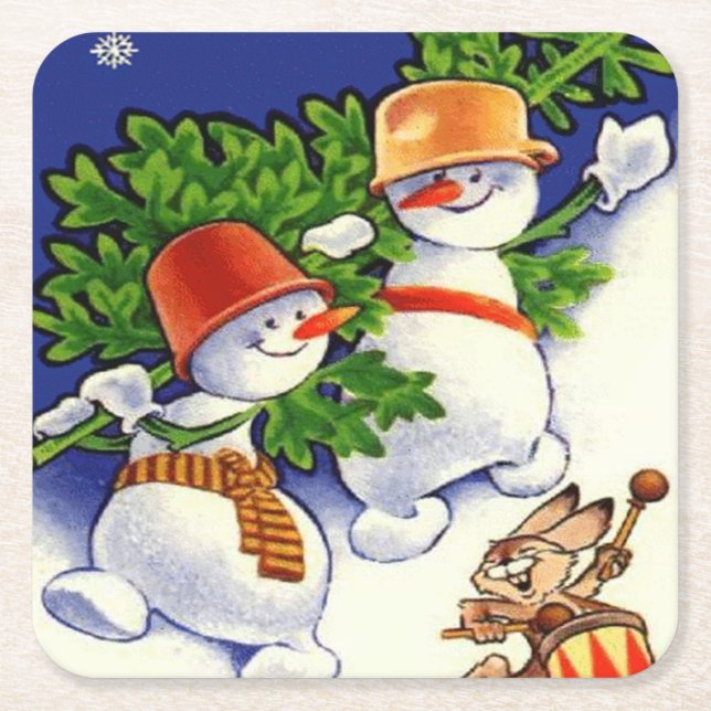 Snowmen Christmas Tree Drumming Rabbit Square Paper Coaster (Front)
