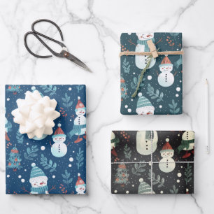 Snowmen Christmas Trees and Snowflakes Christmas Wrapping Paper Sheet