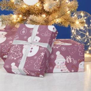 Snowmen Christmas Trees Hearts Purple Christmas Wrapping Paper