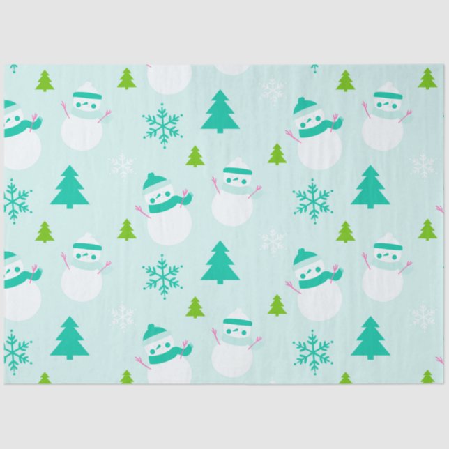 Snowmen Christmas Trees Snowflakes Green Christmas Tissue Paper (Front)