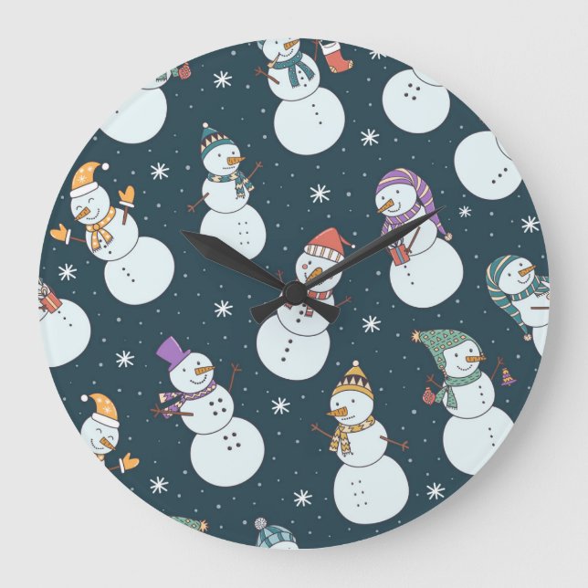 Snowmen Christmas: Vintage Snowfall Charm. Large Clock (Front)