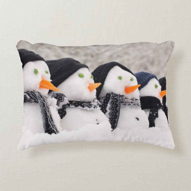 Snowmen Close Up In A Row Accent Pillow (Front)