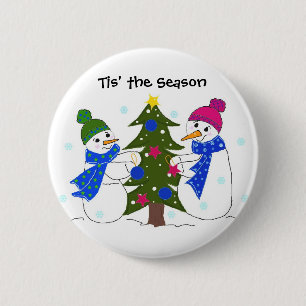 Snowmen Decorating a Christmas Tree 2 Inch Round Button