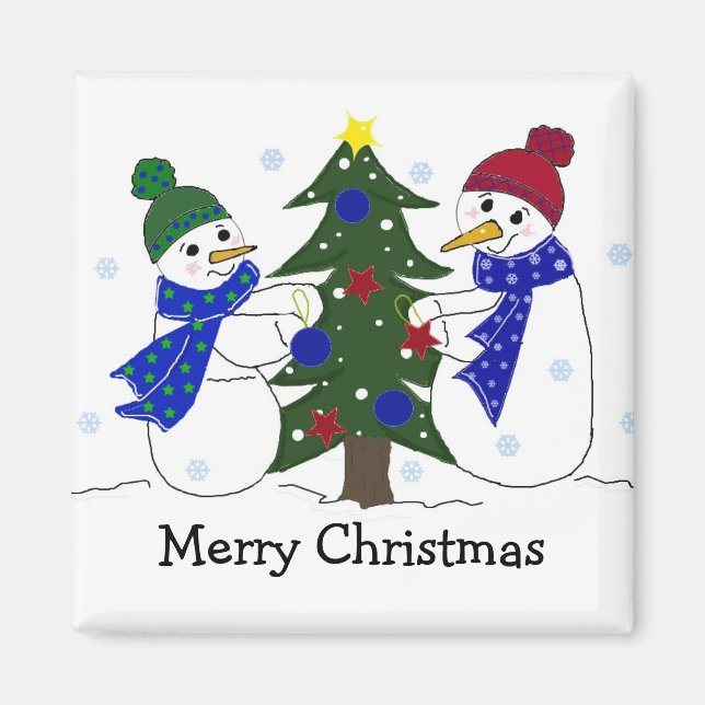 Snowmen Decorating a Christmas Tree Magnet (Front)