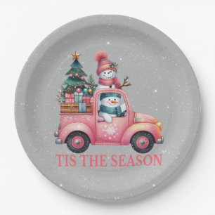 Snowmen Driving Pink Truck Tree Gifts Paper Plate