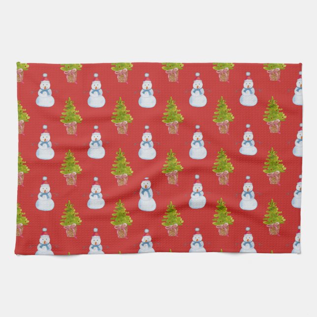 Snowmen et arbres de Noël Serviette de cuisine (Horizontal)