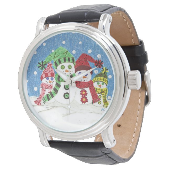 Snowmen family men black vintage leather watch (Angled)