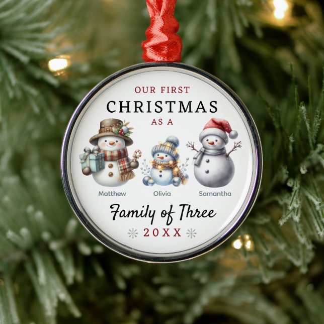 Snowmen Family of Three First Christmas Metal Ornament (Tree)