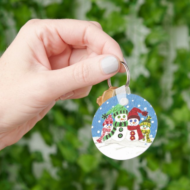 Snowmen family round button keychain (Hand)