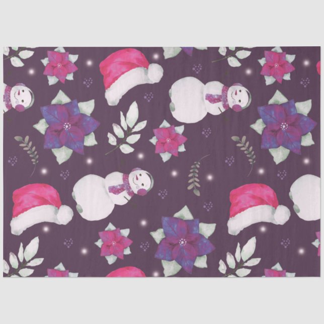 Snowmen Greenery Santa Hats Purple Christmas Tissue Paper (Front)