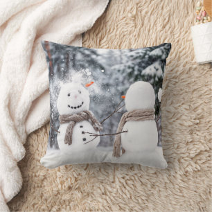 Snowmen Having a Snowball Fight Throw Pillow