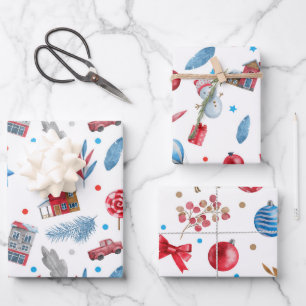 SNOWMEN, HOLIDAY HOUSES, CHRISTMAS ORNAMENTS, BOWS WRAPPING PAPER SHEET