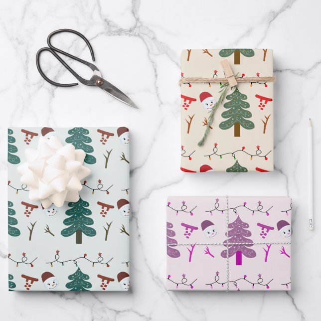 Snowmen Holiday Lights Christmas Trees Christmas Wrapping Paper Sheet (Front)