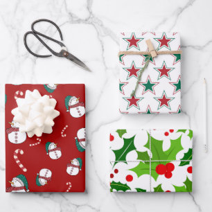 Snowmen, Holly Berries and Stars Wrapping Paper Sheet