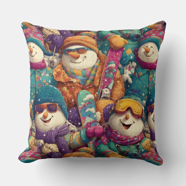 Snowmen In Designer Ski Gear On The Slopes Throw Pillow (Front)