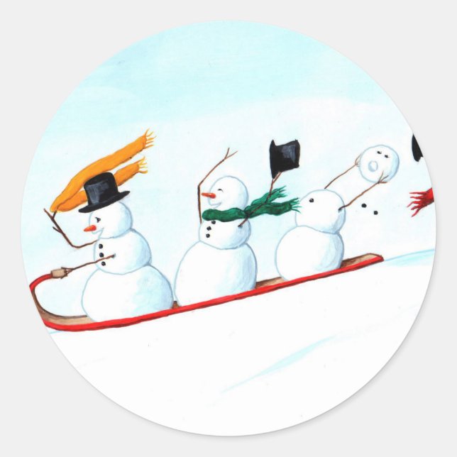Snowmen on a Sled Classic Round Sticker (Front)