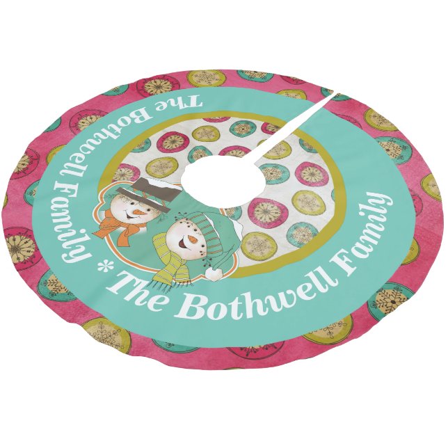 Snowmen Orbs and Snowflakes Holiday Tree Skirt (Angled)