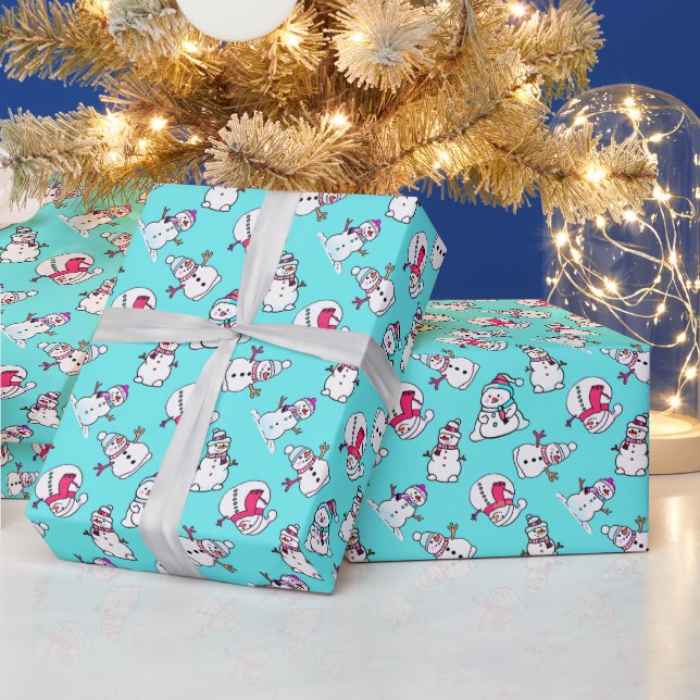Snowmen Pattern | Turquoise Girly Christmas Wrapping Paper (Holidays)