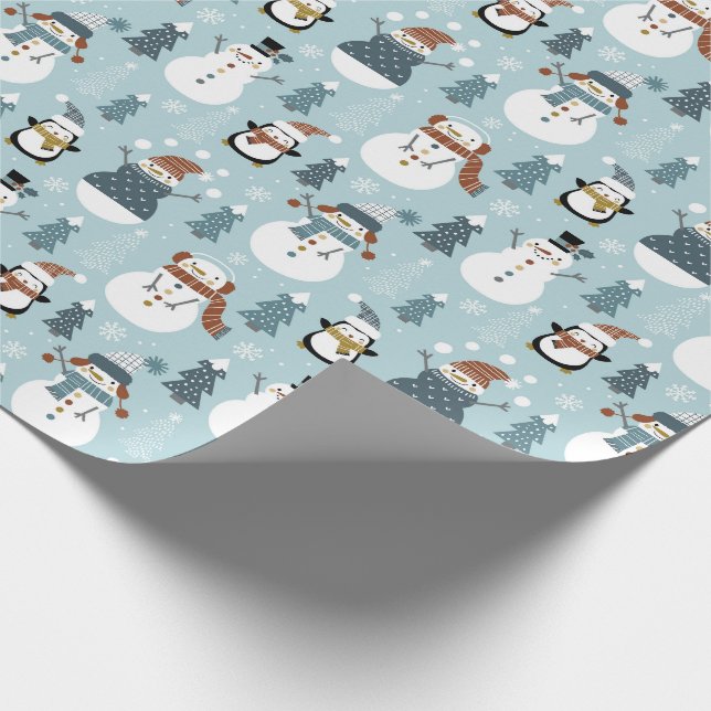 Snowmen, Penguins, Christmas Trees and Snowflakes  Wrapping Paper (Corner)