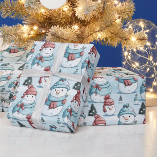 Snowmen Pine Trees Snow Ice Blue Christmas Wrapping Paper