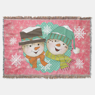 Snowmen Pink and Blue Holiday Throw Blanket