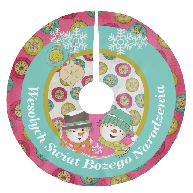 Snowmen Polish Merry Christmas Tree Skirt (Front)