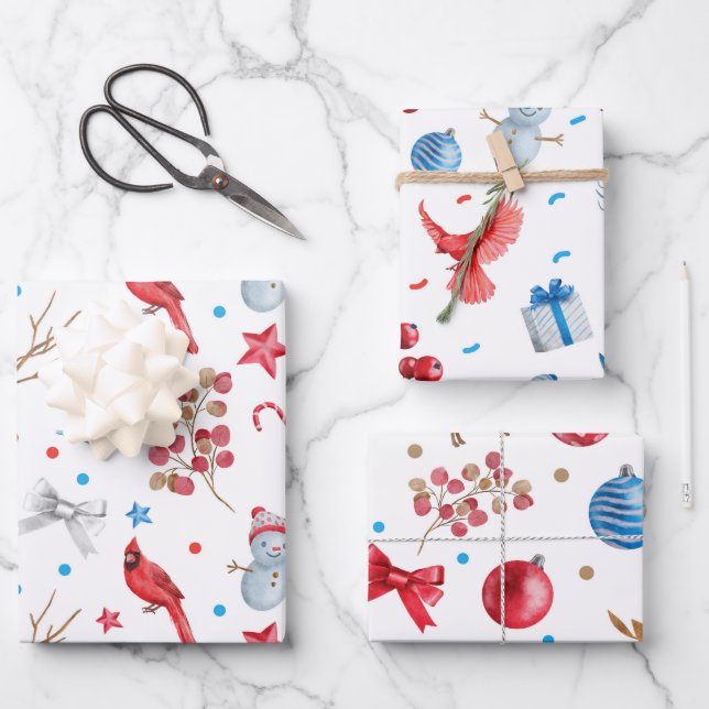 SNOWMEN, RED CARDINALS, CHRISTMAS ORNAMENTS, BOWS WRAPPING PAPER SHEET (Front)