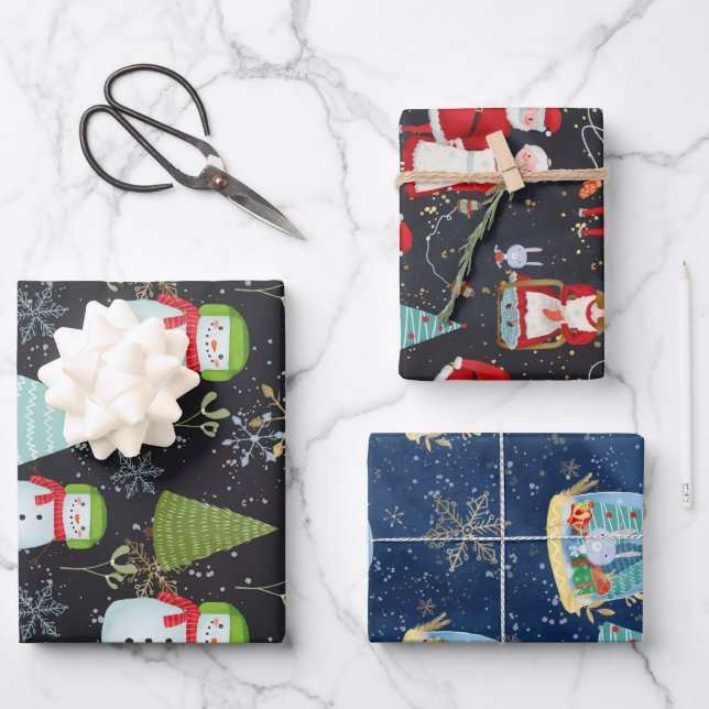 Snowmen Santa Snow Globe Christmas Holiday Pattern Wrapping Paper Sheet (Front)