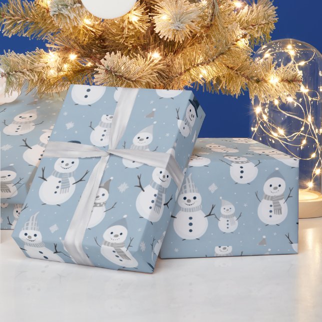 Snowmen Snowflakes Blue Modern Christmas Wrapping Paper (Holidays)