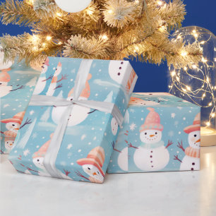 Snowmen Snowflakes Blue Modern Christmas Wrapping Paper
