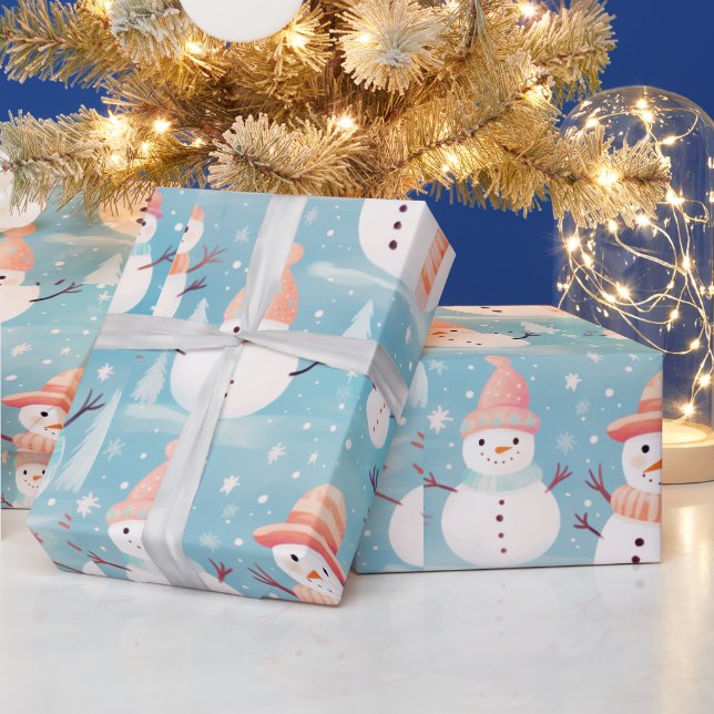 Snowmen Snowflakes Blue Modern Christmas Wrapping Paper (Holidays)