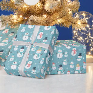 Snowmen Snowflakes Blue Modern Christmas Wrapping Paper