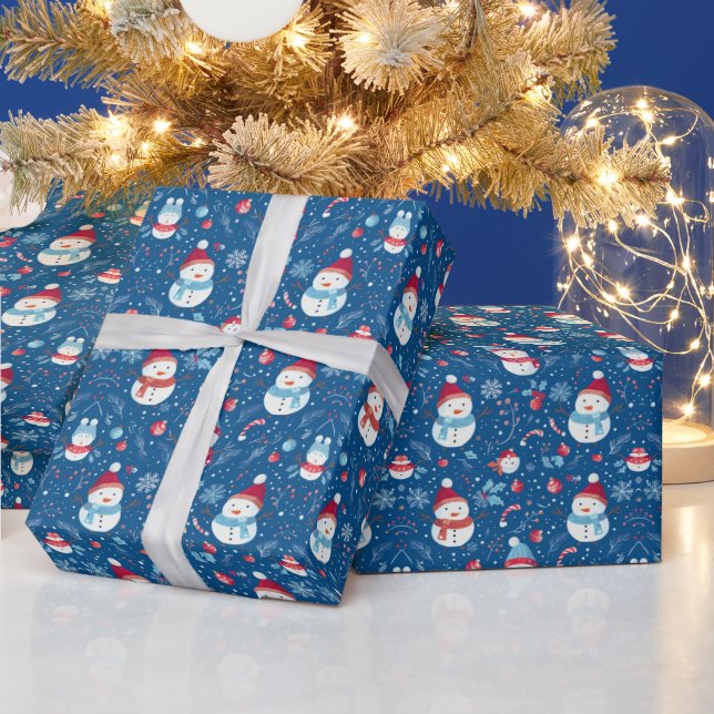 Snowmen Snowflakes Candy Canes Blue Christmas Wrapping Paper (Holidays)